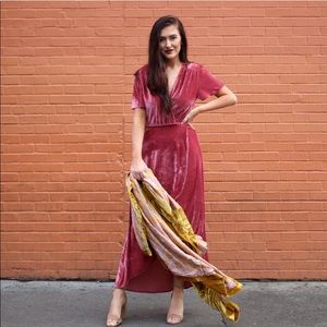 prettylittlething velvet wrap midi dress in pink